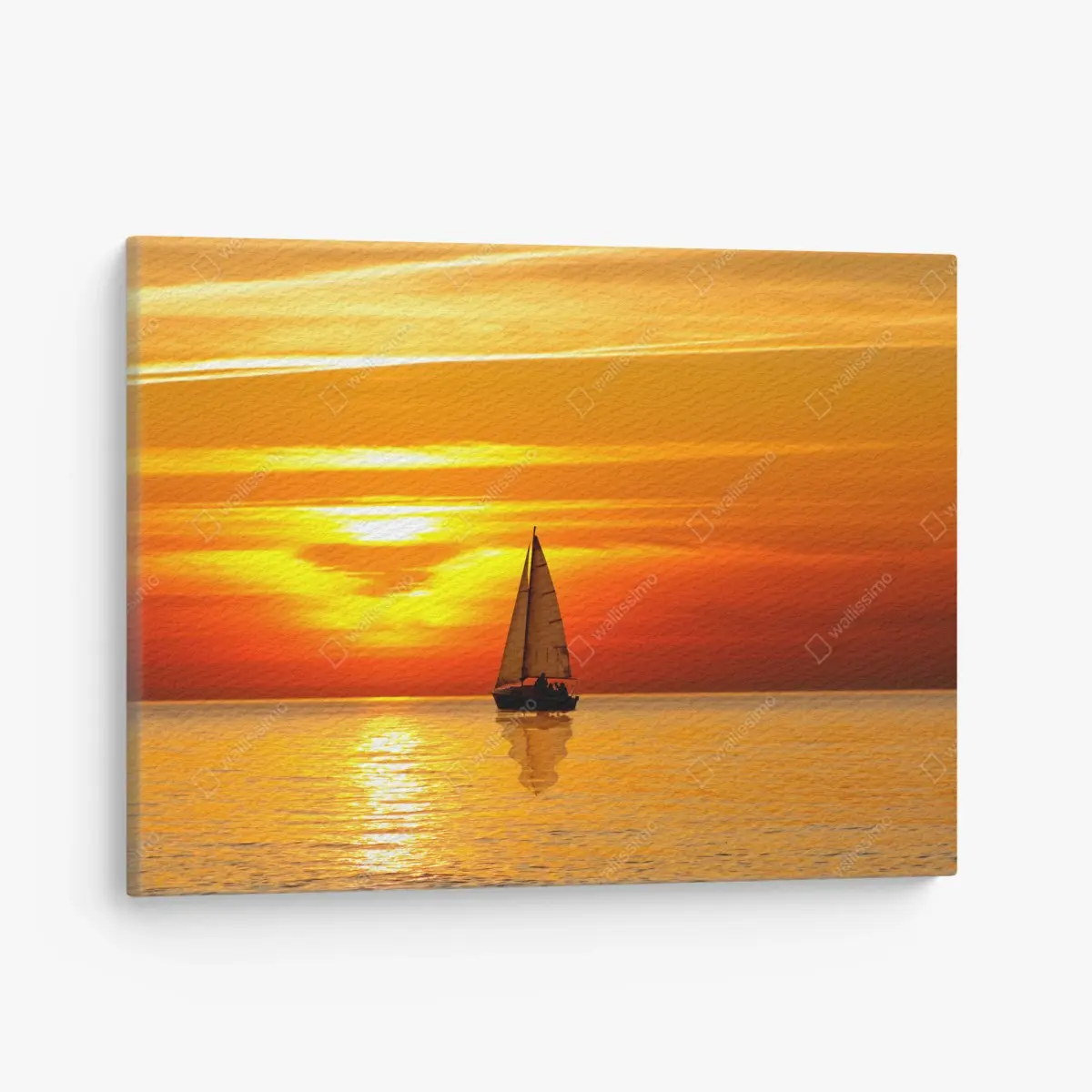 Quadro su tela tramonto dorato sul mare con barca a vela • Wallissimo®