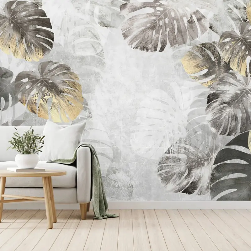 Carta da parati MONSTERA FOGLIE ORO GRIGIO TROPICALE PER SOGGIORNO