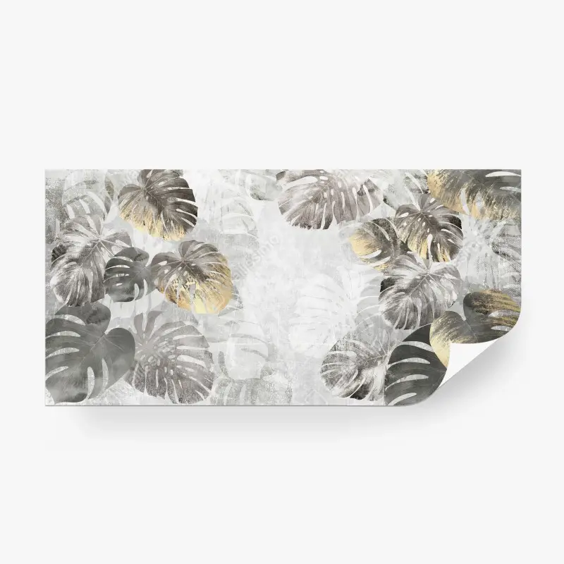 Carta da parati MONSTERA FOGLIE ORO GRIGIO TROPICALE PER SOGGIORNO