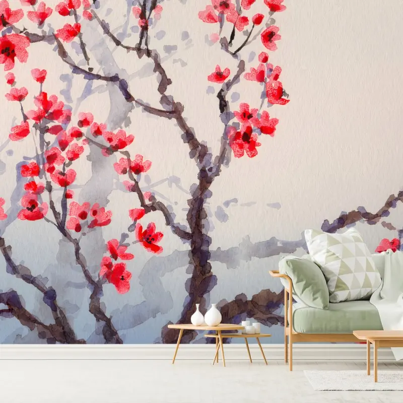 Carta da parati ROSSO FIORI CILIEGIO ALBERO PRIMAVERA PER SOGGIORNO