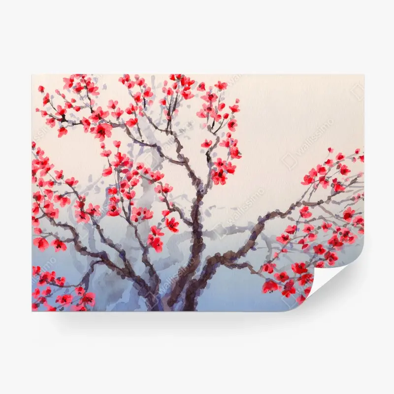 Carta da parati ROSSO FIORI CILIEGIO ALBERO PRIMAVERA PER SOGGIORNO