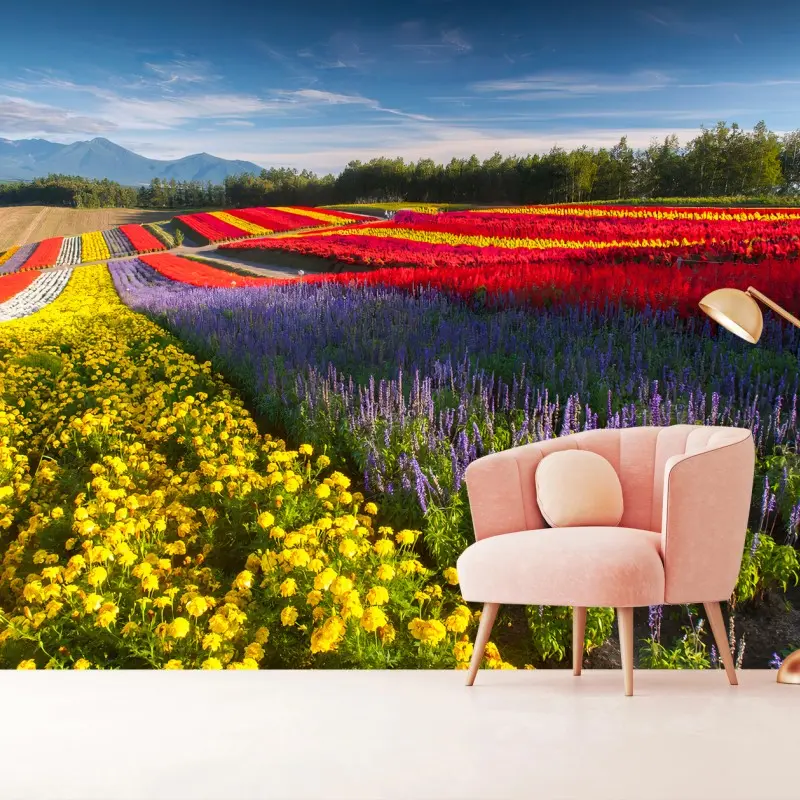 Carta da parati FIORI CAMPO COLORATO PAESAGGIO NATURA PER SOGGIORNO
