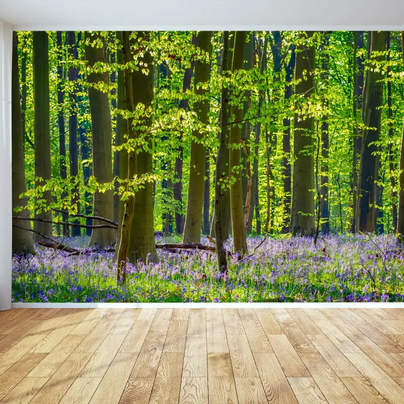 Carta da parati BOSCO VERDE ALBERI CAMPANE PRIMAVERA PER SOGGIORNO
