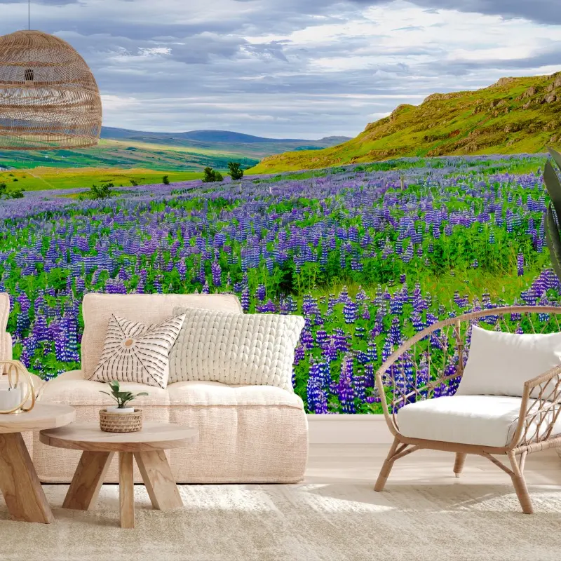 Carta da parati ISLANDA PAESAGGIO LUPINI FIORI VIOLA PER SOGGIORNO