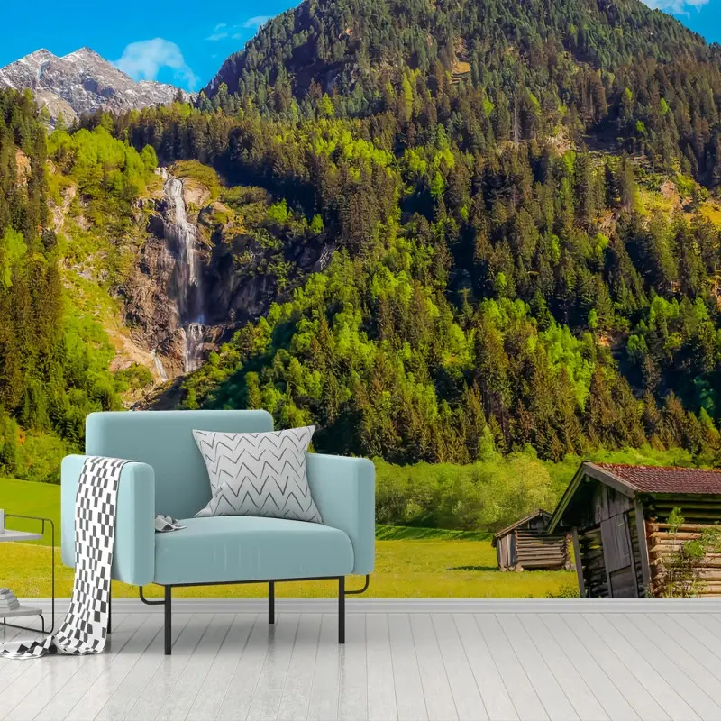 Carta da parati MONTAGNA CASCATA NATURA BAITA PRATO PER SOGGIORNO