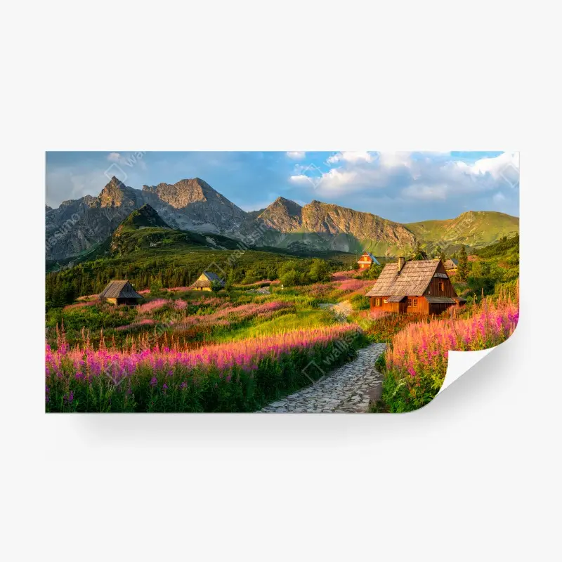 Carta da parati MONTAGNA PRATO FIORI BAITA NATURA PER SOGGIORNO