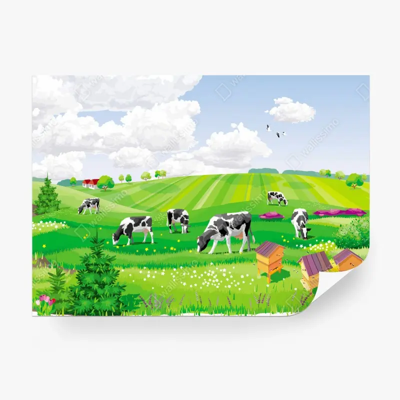Carta da parati PAESAGGIO MUCCHE PRATO VERDE ESTATE PER SOGGIORNO