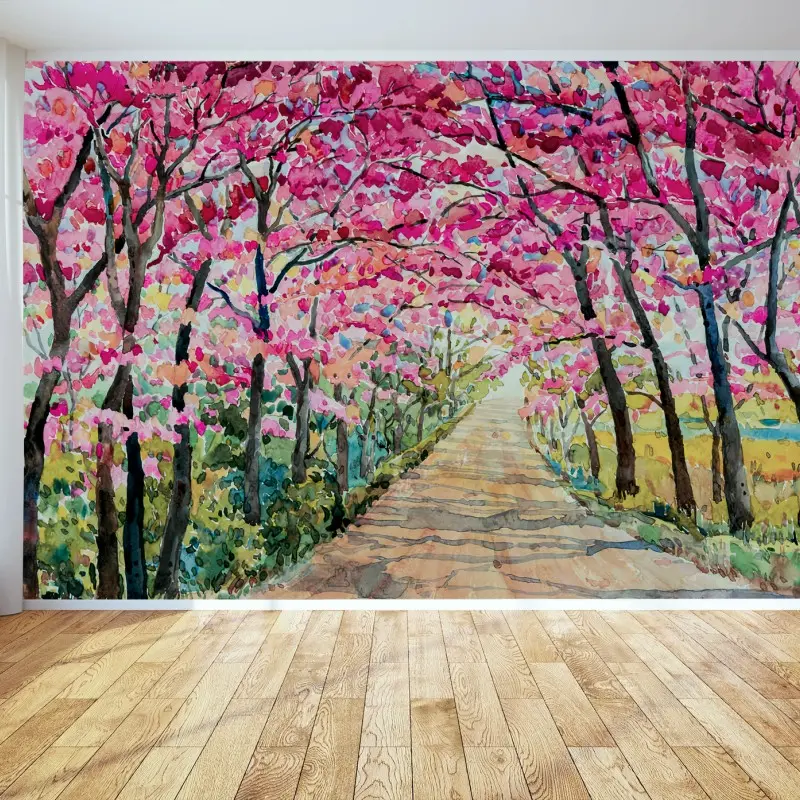 Carta da parati CILIEGIO ROSA PRIMAVERA ARTE PAESAGGIO PER SOGGIORNO