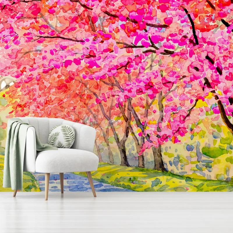 Carta da parati ROSA CILIEGIO ACQUERELLO FIORI ARTE PER SOGGIORNO