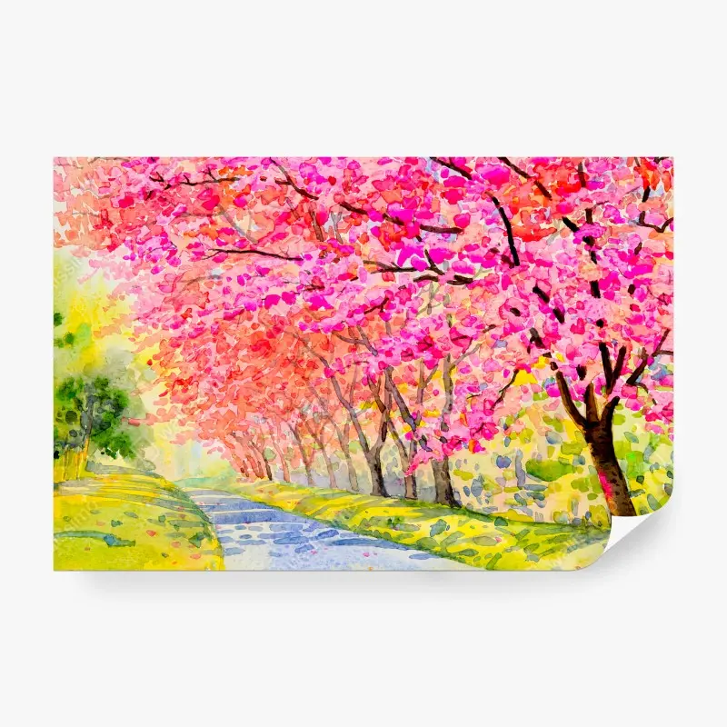 Carta da parati ROSA CILIEGIO ACQUERELLO FIORI ARTE PER SOGGIORNO