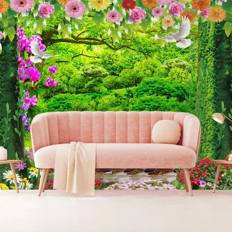 Carta da parati FIORI GIARDINO VERDE NATURA ROMANTICO PER SOGGIORNO