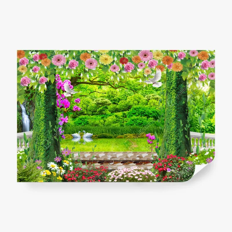 Carta da parati FIORI GIARDINO VERDE NATURA ROMANTICO PER SOGGIORNO