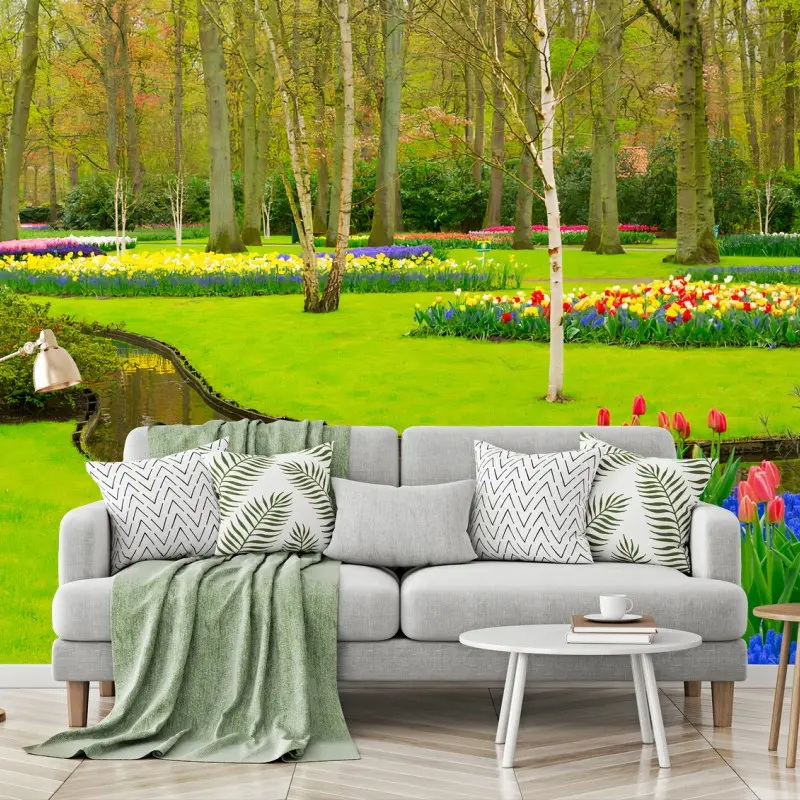 Carta da parati PRIMAVERA TULIPANI FIORI GIARDINO BLU PER SOGGIORNO