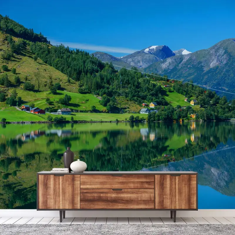 Carta da parati MONTI LAGO NATURA VISTA RIFLESSO PER SOGGIORNO