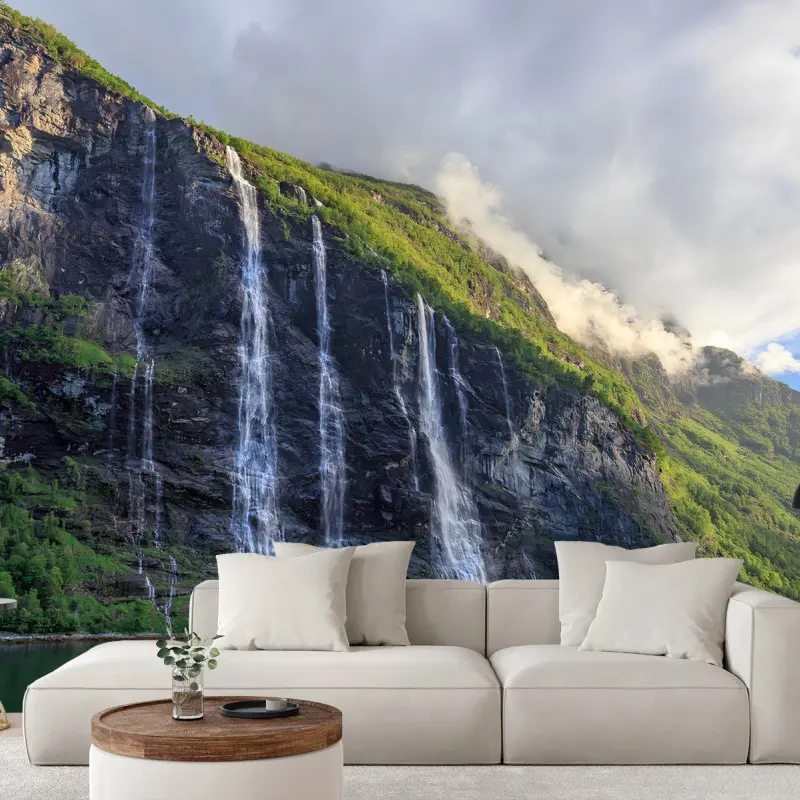 Carta da parati CASCATA MONTAGNA NATURA CIELO VERDE PER SOGGIORNO