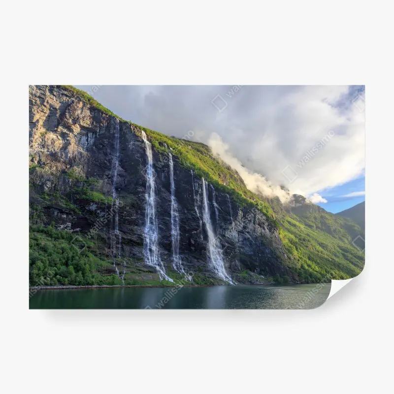 Carta da parati CASCATA MONTAGNA NATURA CIELO VERDE PER SOGGIORNO