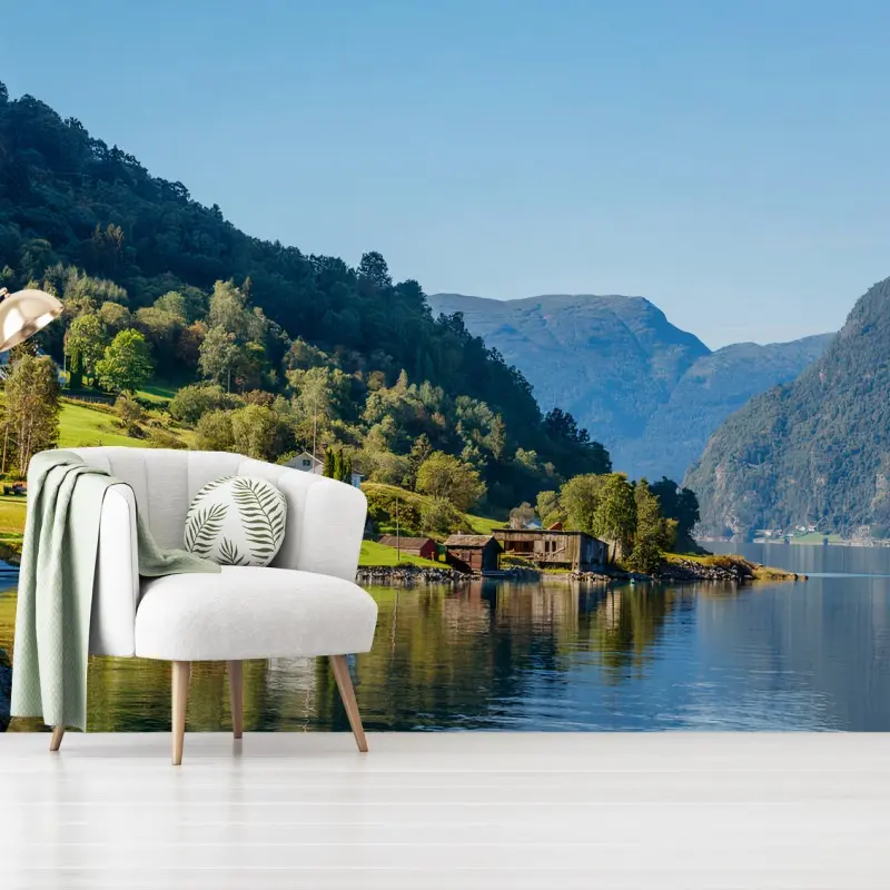 Carta da parati FIORDO LAGO MONTI VILLAGGIO PAESAGGIO PER SOGGIORNO