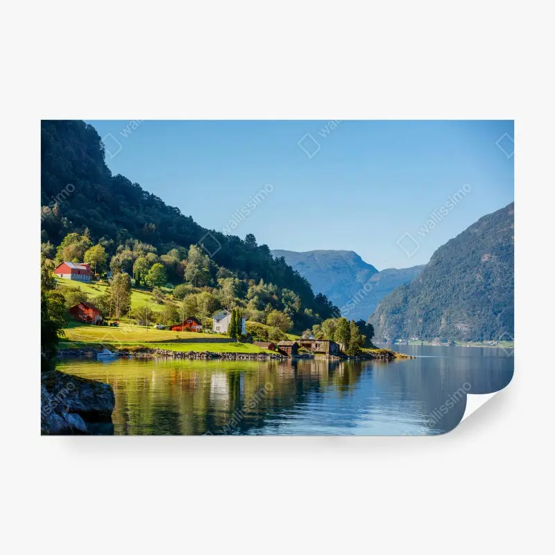 Carta da parati FIORDO LAGO MONTI VILLAGGIO PAESAGGIO PER SOGGIORNO