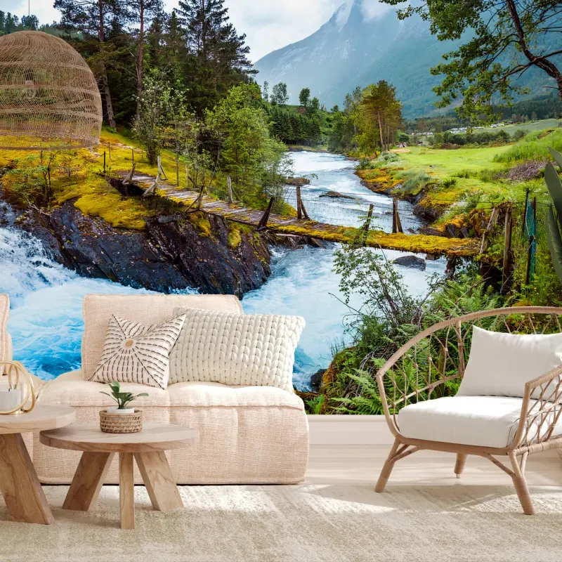 Carta da parati NORVEGIA MONTI FIUME PONTE NATURA PER SOGGIORNO
