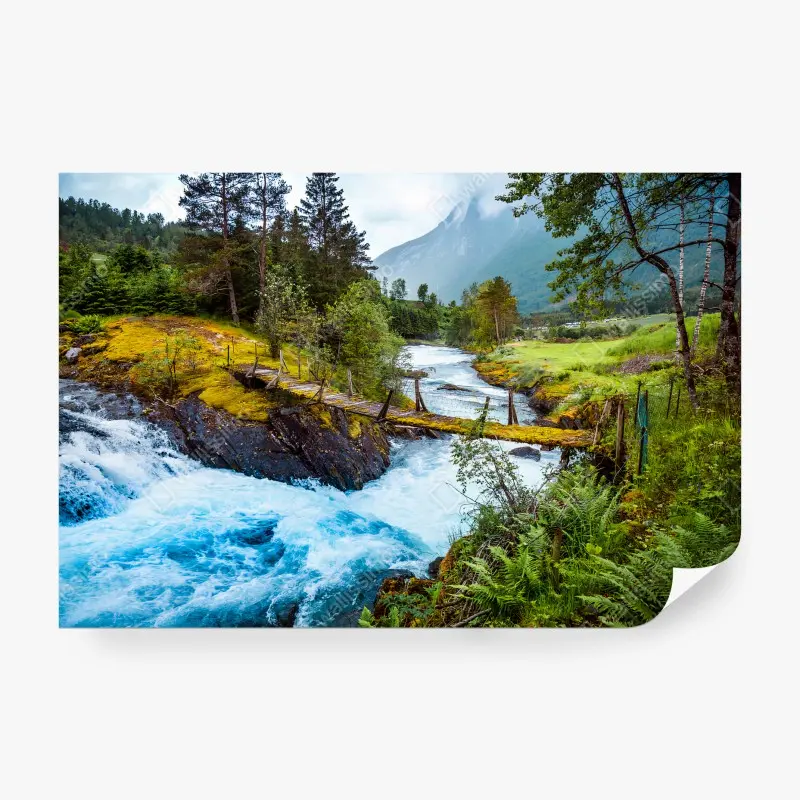 Carta da parati NORVEGIA MONTI FIUME PONTE NATURA PER SOGGIORNO