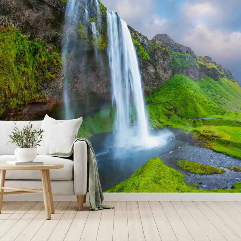 Carta da parati ISLANDA CASCATA ARCOBALENO NATURA VERDE PER SOGGIORNO