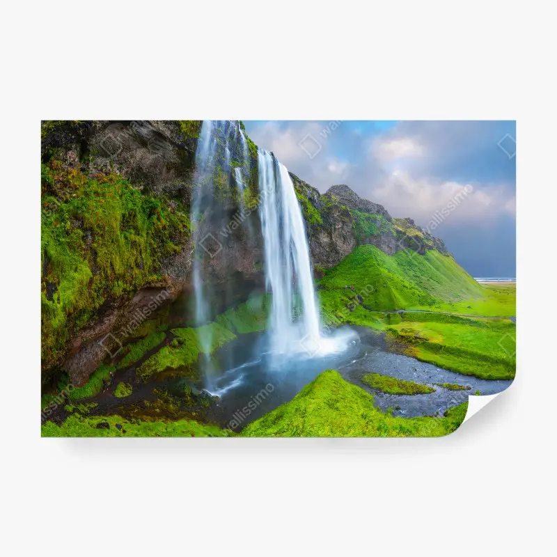 Carta da parati ISLANDA CASCATA ARCOBALENO NATURA VERDE PER SOGGIORNO