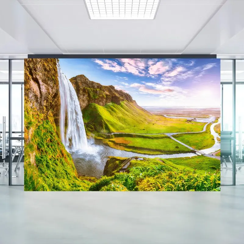 Carta da parati ISLANDA CASCATA TRAMONTO NATURA SCENA PER UFFICIO