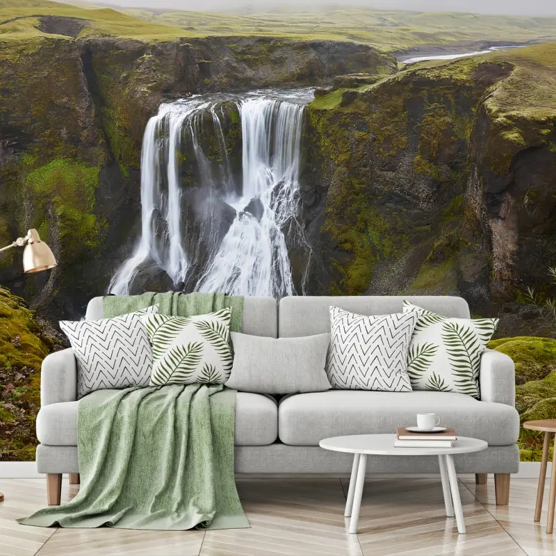 Carta da parati CASCATA PAESAGGIO NATURA MUSCHIO VERDE PER SOGGIORNO