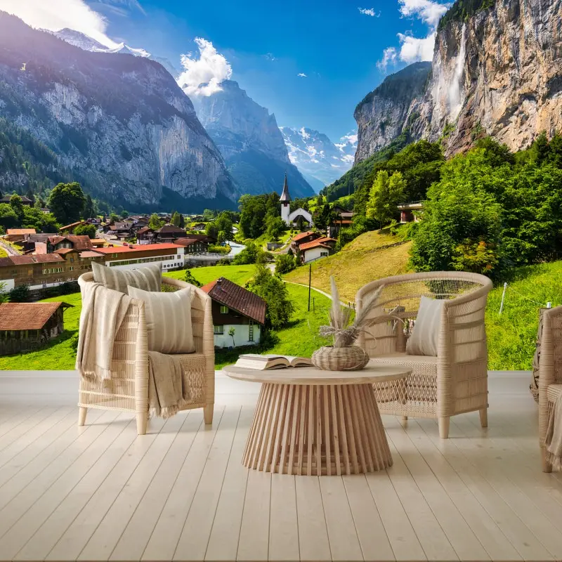 Carta da parati ALPI CASCATA VILLAGGIO CHIESA VALLE PER SOGGIORNO