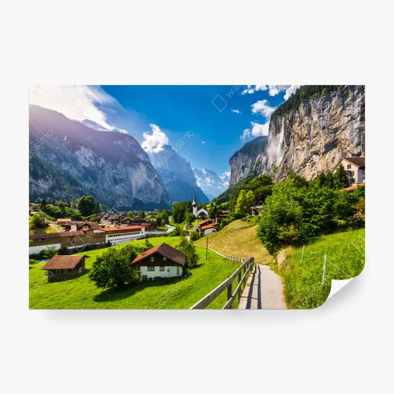 Carta da parati ALPI CASCATA VILLAGGIO CHIESA VALLE PER SOGGIORNO