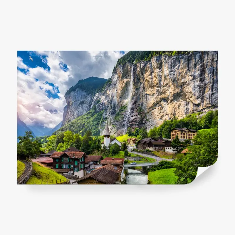 Carta da parati SVIZZERA CASCATA ALPI VILLAGGIO MONTI PER SOGGIORNO