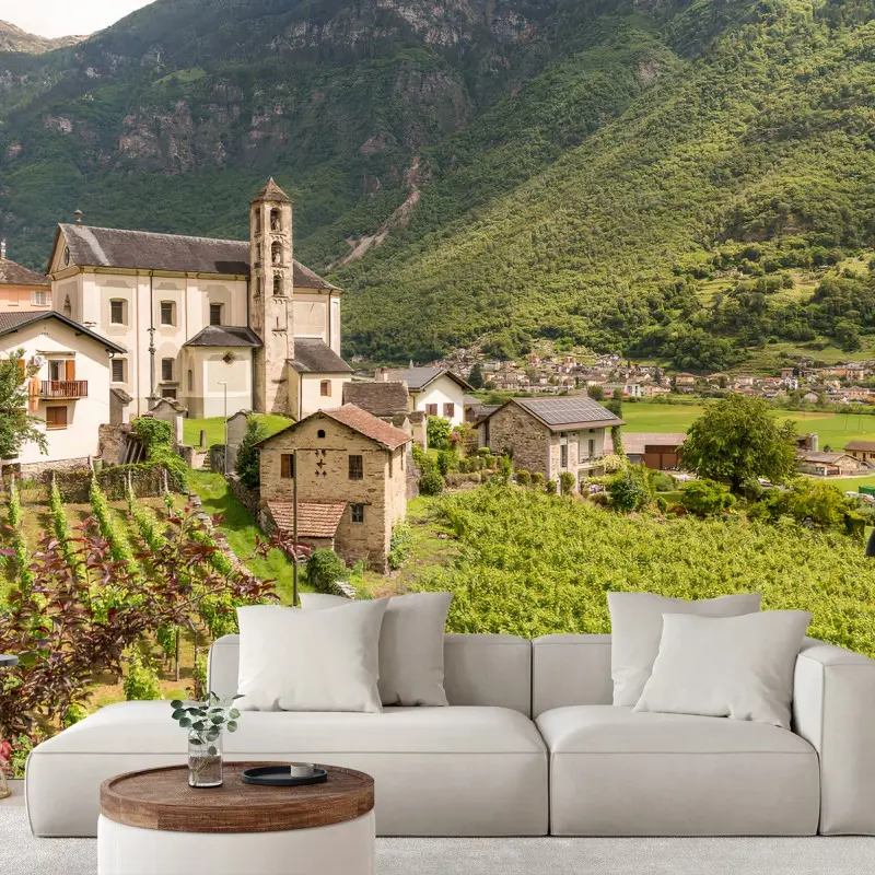 Carta da parati BORGO CHIESA COLLI VIGNA SCENA PER SOGGIORNO