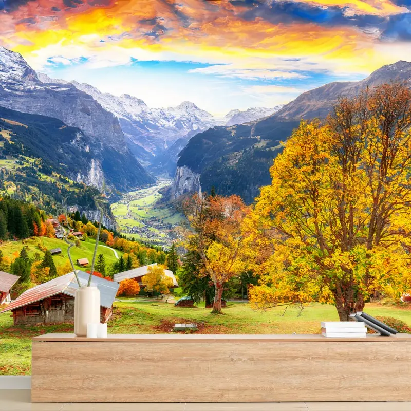 Carta da parati ALPI MONTAGNA VALLE AUTUNNO VILLAGGIO PER SOGGIORNO
