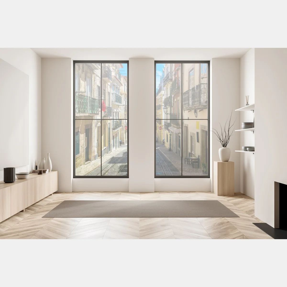 Adesivo per finestra scorcio solare di Lisbona con tram e balconi • Wallissimo® Adesivo per finestra scorcio solare di Lisbona con tram e balconi • Wallissimo®